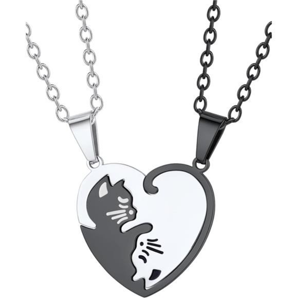 Puzzle Matching Necklace, Stainless Steel/18K Gold Plated Heart Cat/Yin Yang - Picture 1 of 7